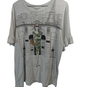 Love & Lace Women's Large Top Paris Print Ruffle Sleeve